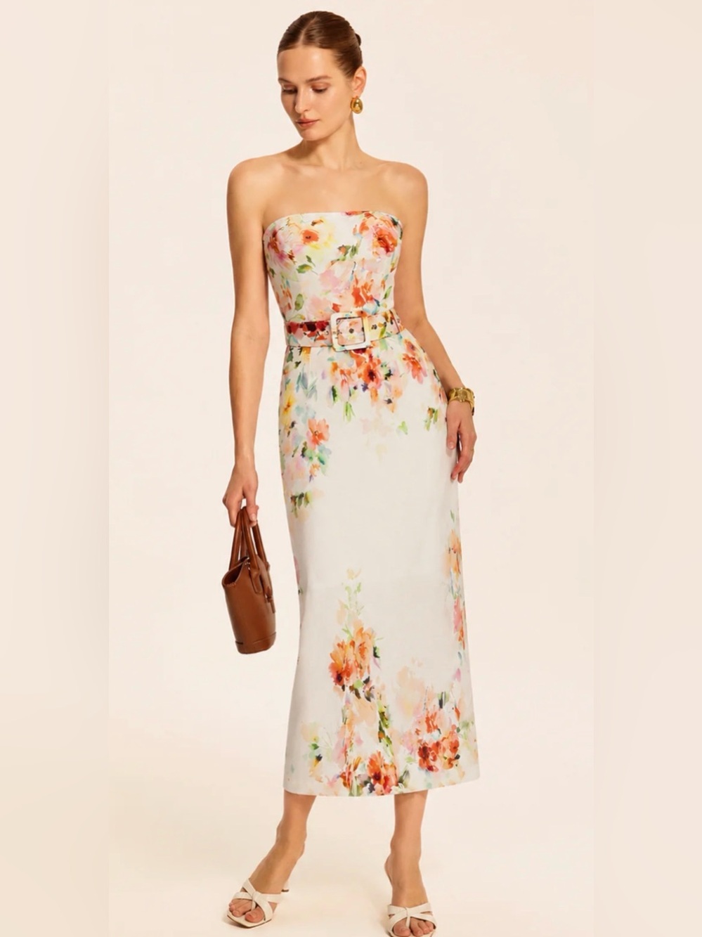 Commense Strapless White Floral Belted Midi Dress